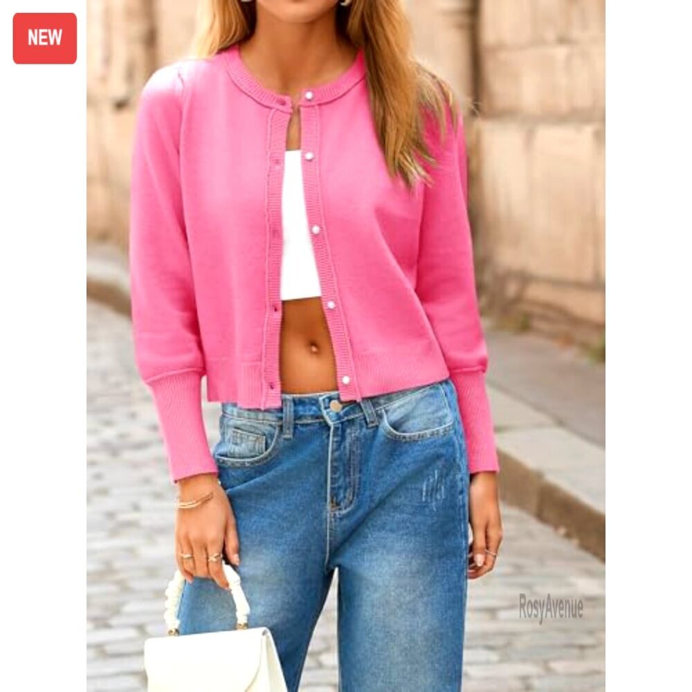 Cropped Cardigan Sweater Crew Neck Button Down Long Puff Sleeve Loose Knit - Picture 2 of 6